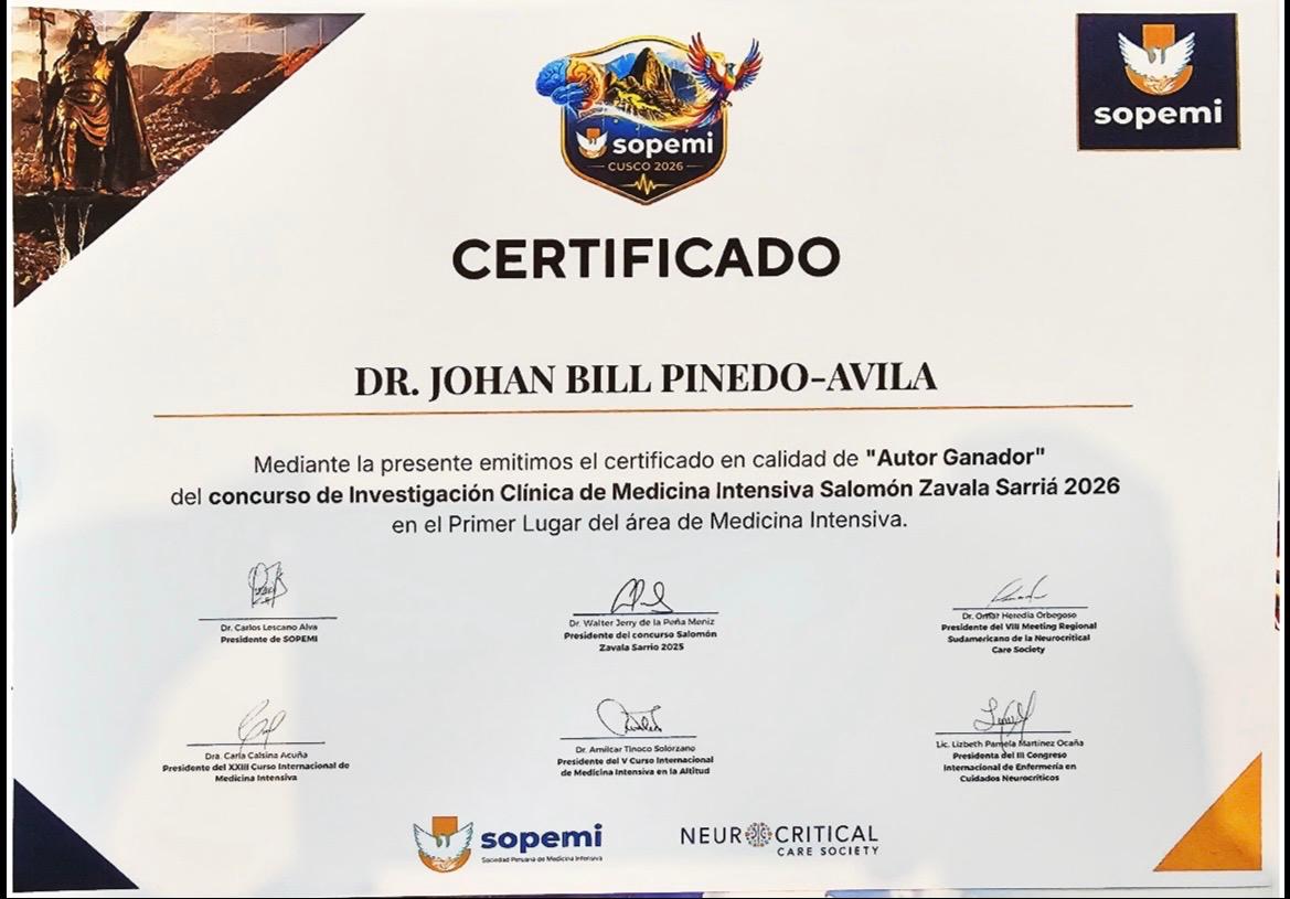Certificado del Primer Lugar del Concurso de Investigación Clínica de Medicina Intensiva Salomón Zavala Sarriá 2026 otorgado al Dr. Johann Bill Pinedo Avila
