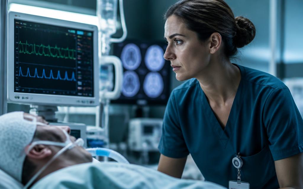Enfermería monitorizando a un paciente en unidad neurocrítica