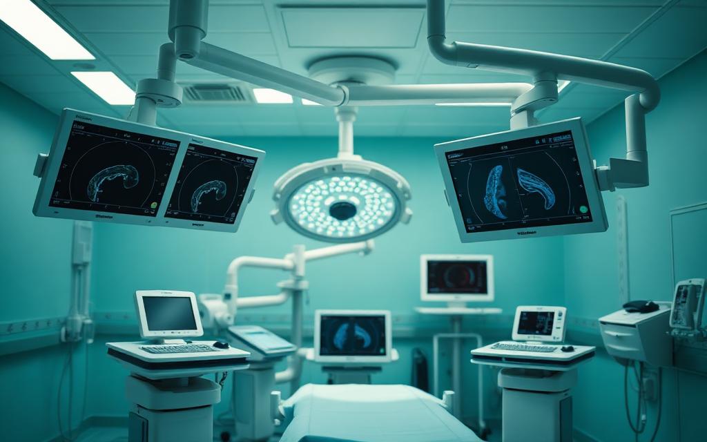 Estación de anestesia y monitores en sala de neurocirugía