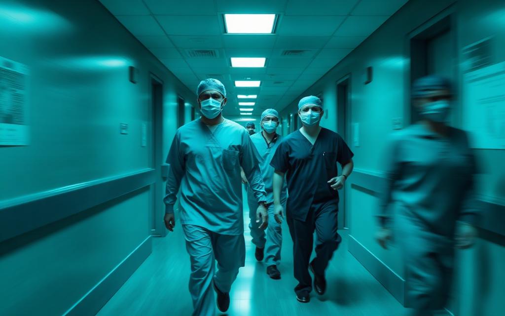 Equipo neuroquirúrgico movilizándose en una emergencia hospitalaria
